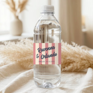 Navy Blue Retro Blush Pink Stripes Wedding Water Bottle Label