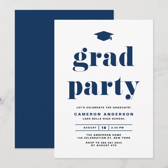 Navy Blue Retro Bold Typography Graduation Party Invitation (Front/Back)