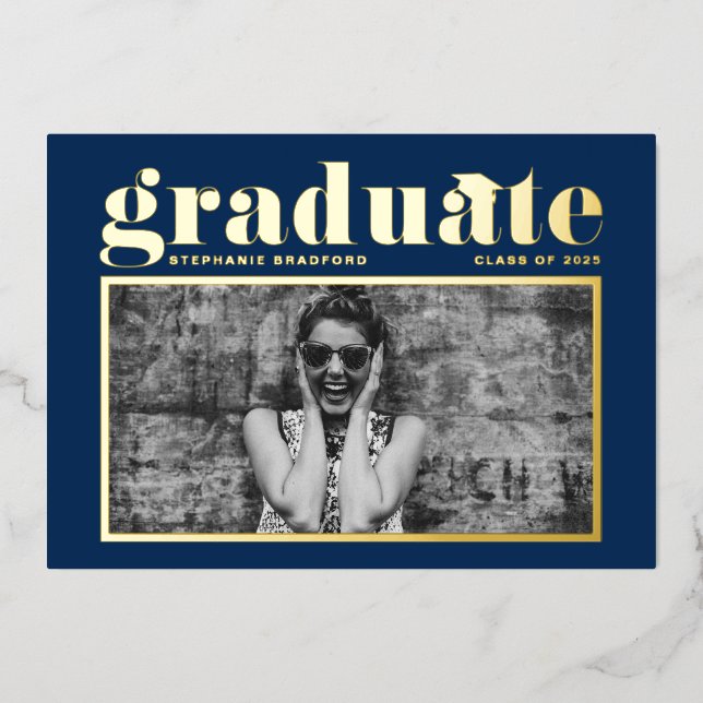 Navy Blue Retro Bold Typography Photo Graduation (Front)