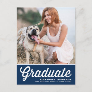 Navy Blue Retro Bold Typography Photo Graduation Announcement Postcard