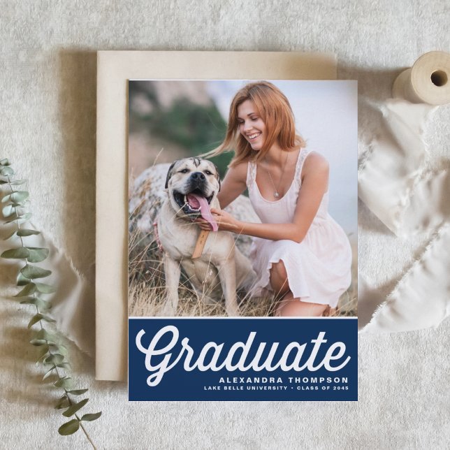 Navy Blue Retro Bold Typography Photo Graduation Invitation (Customizable retro-inspired Navy Blue Photo Graduation Invitation)