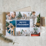 Navy Blue Retro Merry Christmas Photo Collage  Holiday Card<br><div class="desc">Merry Christmas! Send your holiday greetings to family and friends with this customizable Christmas card. It features retro typography and a photo collage template. Personalize this photo collage Christmas card by adding your details. This navy blue Christmas card is available in other colours and cardstock. Matching items are available.</div>