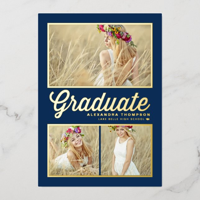 Navy Blue Retro Script Photo Collage Graduation (Front)