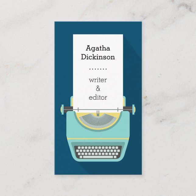 Navy blue retro typewriter professional writer business card (Front)