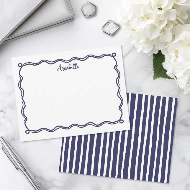 Navy Blue Retro Wavy Border Personalized Card (Navy Blue Retro Wavy Border Personalized Note Card )