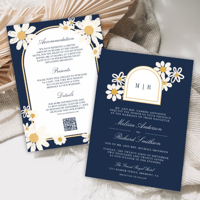 Navy Blue Retro Yellow Daisy All in One Wedding Invitation (Creator Uploaded)