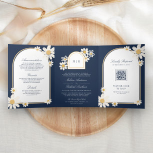 Navy Blue Retro Yellow Daisy All in One Wedding Tri-Fold Invitation