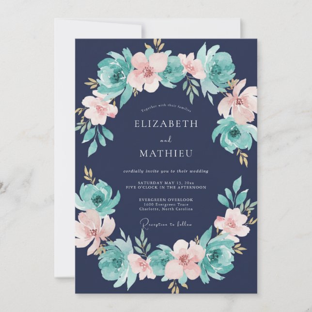 Navy Blue Rich Botanical Wedding Invitation (Front)