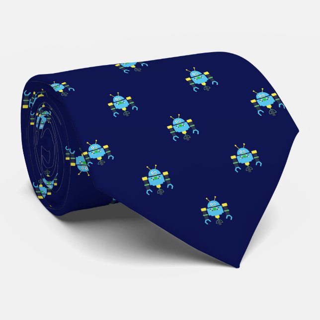 Navy Blue Robot Patterned Tie (Rolled)
