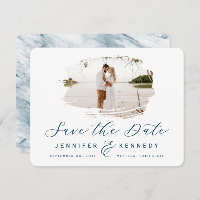 Navy Blue Romantic Brushed Frame with Photo Save The Date (Front/Back)