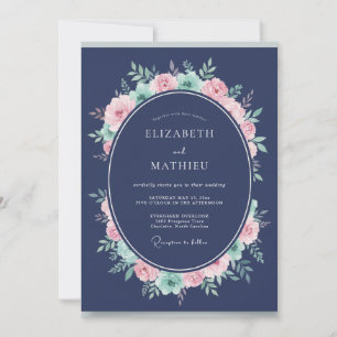 Navy Blue Romantic Floral Wreath Wedding Invitation