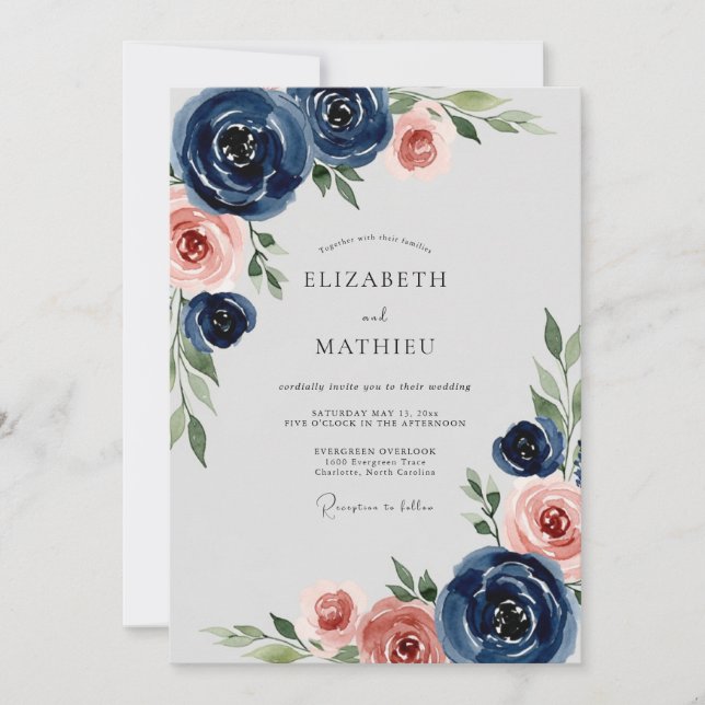 Navy Blue Romantic Peony Wedding Invitation (Front)
