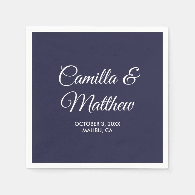 Navy Blue Romantic Script Personalized Wedding Napkin (Front)