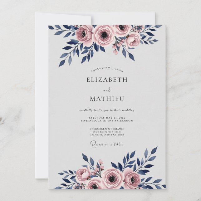 Navy Blue Romantic Watercolor Wedding Invitation (Front)