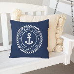 Navy Blue | Rope & Anchor Boat Name Outdoor Pillow<br><div class="desc">Add a cool custom touch to your fishing boat,  sailboat,  yacht,  or houseboat with this personalized pillow. Classic nautical design in navy blue and white features your boat name and ship's registry curved inside a rope logo badge with an anchor illustration in the centre.</div>
