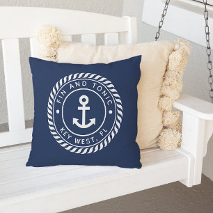 Navy Blue   Rope & Anchor Boat Name Outdoor Pillow