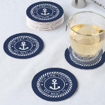 Navy Blue Rope & Anchor Boat Name Round Paper Coaster<br><div class="desc">Add a cool custom touch to your fishing boat,  sailboat,  yacht,  or houseboat with these personalized coasters. Classic nautical design in navy blue and white features your boat name and ship's registry curved inside a rope logo badge with an anchor illustration in the centre.</div>