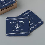 Navy Blue Rope & Anchor Boat Name Square Paper Coaster<br><div class="desc">Add a cool custom touch to your fishing boat, sailboat, yacht, or houseboat with these personalized coasters. Classic nautical design in navy blue and white features your boat name, ship's registry, and year established in rustic white lettering with an anchor illustration and rope stripe detailing at the top and bottom....</div>