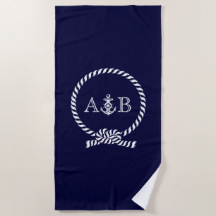 Navy Blue Rope and Anchor Monogrammed Beach Towel