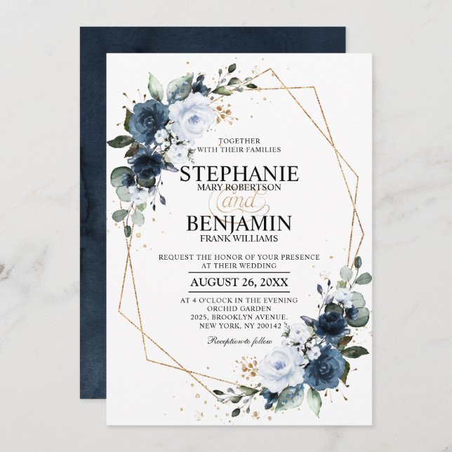 Navy Blue Rose Boho Geometric Wedding Invitation (Front/Back)