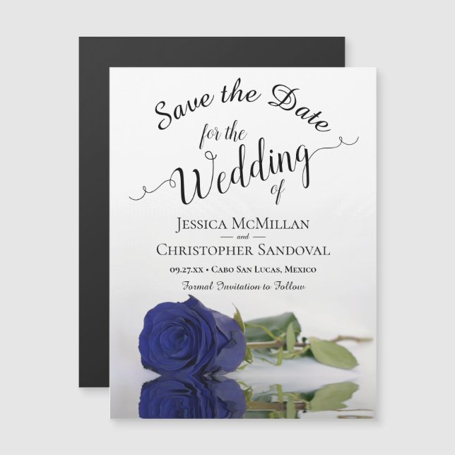 Navy Blue Rose Chic Wedding Save the Date Magnet (Front/Back)