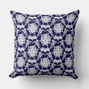 Navy Blue Rose/Damask Reversible Decorative Pillow