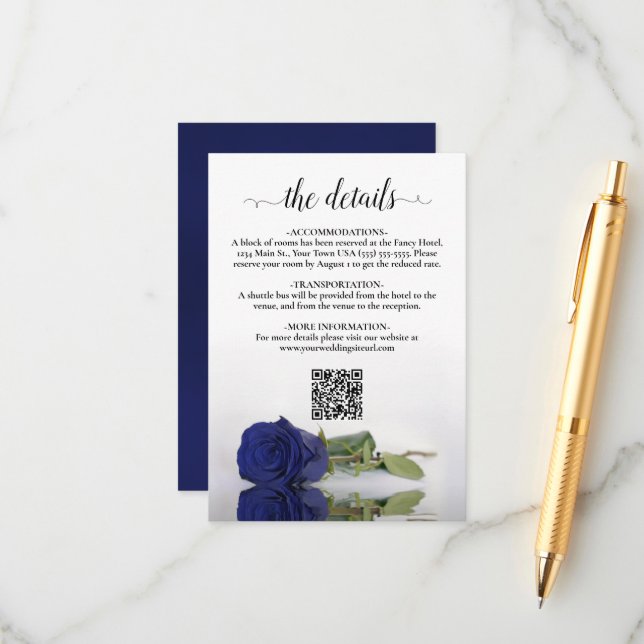 Navy Blue Rose Elegant Wedding Details QR Code Enclosure Card (Front/Back In Situ)