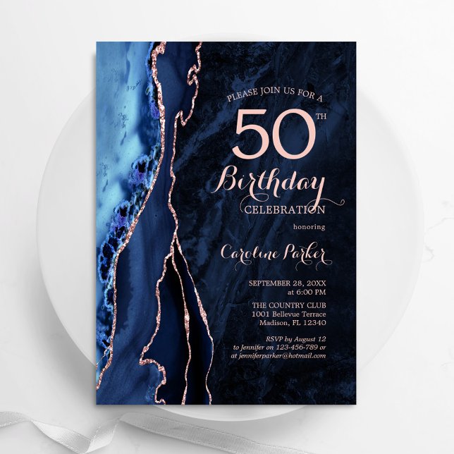 Navy Blue Rose Gold Agate 50th Birthday Invitation (Creator Uploaded)