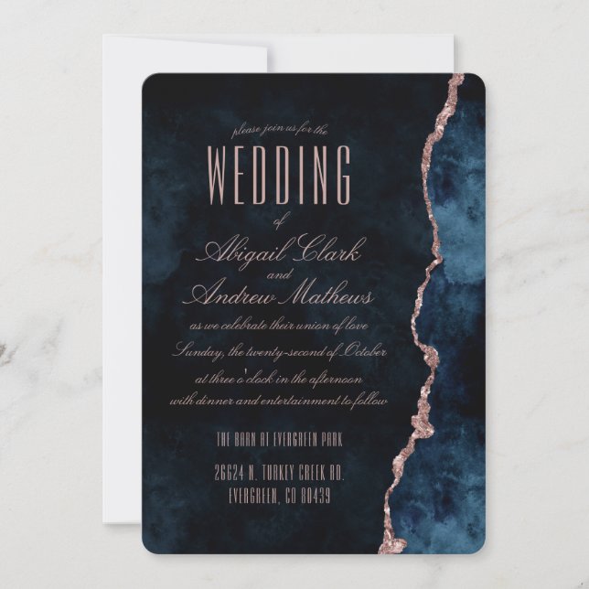 Navy Blue Rose Gold Agate Gilt Wedding Invitation (Front)