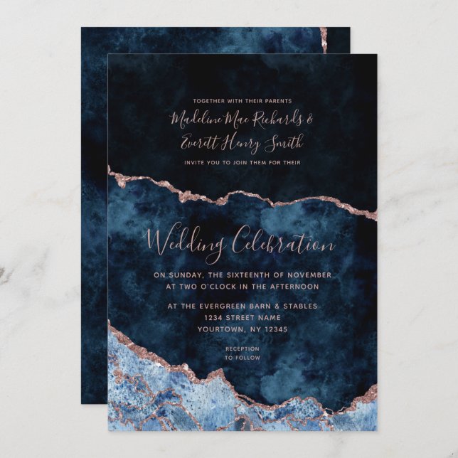 Navy Blue Rose Gold Agate Gilt Wedding Invitation (Front/Back)