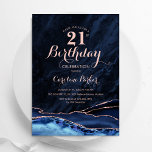 Navy Blue Rose Gold Agate Marble 21st Birthday Invitation<br><div class="desc">Navy blue and rose gold agate 21st birthday party invitation. Elegant modern design featuring royal blue watercolor agate marble geode background,  faux glitter rose gold and typography script font. Trendy invite card perfect for a stylish women's bday celebration. Printed Zazzle invitations or instant download digital printable template.</div>