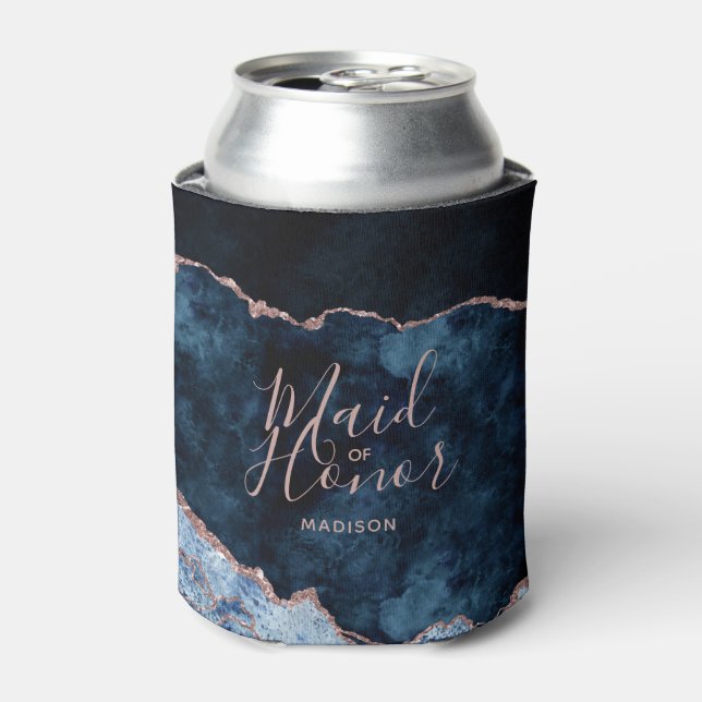 Navy Blue & Rose Gold Agate Marble Maid of Honour Can Cooler (Can Front)