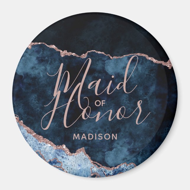 Navy Blue & Rose Gold Agate Marble Maid of Honour Magnet (Front)