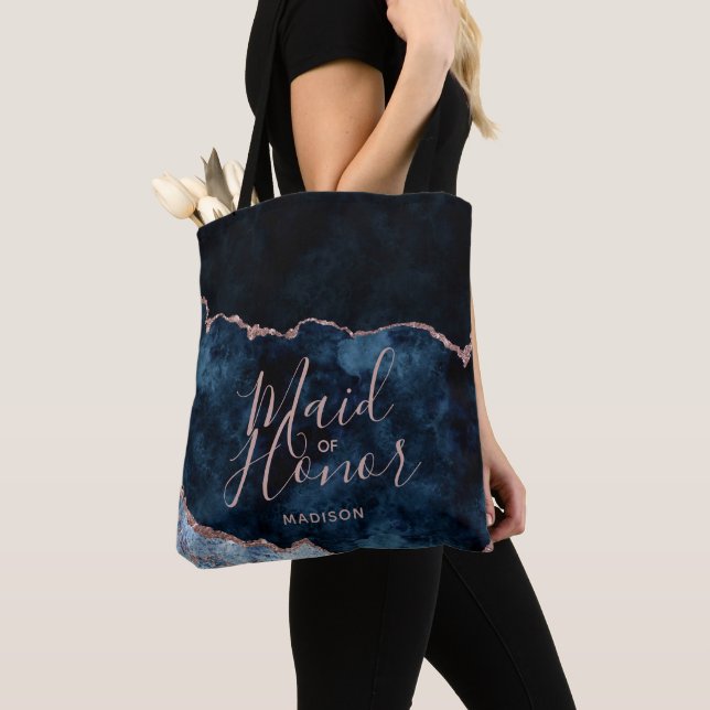 Navy Blue & Rose Gold Agate Marble Maid of Honour Tote Bag (Close Up)