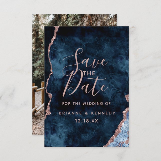 Navy Blue Rose Gold Agate Marble Photo on Back Save The Date (Front/Back)