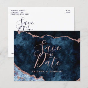Navy Blue Rose Gold Agate Marble Save the Date Announcement Postcard
