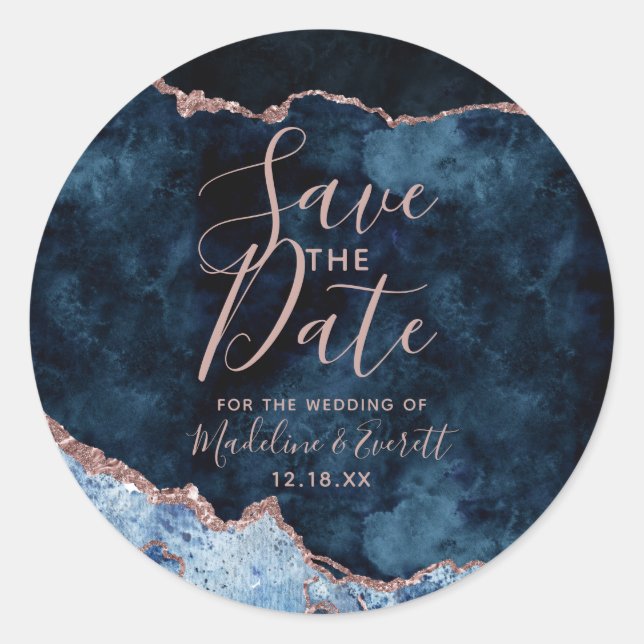 Navy Blue Rose Gold Agate Marble Save the Date Classic Round Sticker (Front)