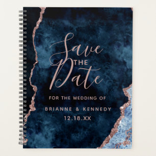 Navy Blue Rose Gold Agate Marble Save the Date Planner
