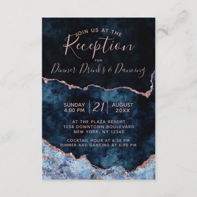 Navy Blue Rose Gold Agate Marble Wedding Reception Enclosure Card (Front)