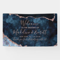 Navy Blue Rose Gold Agate Marble Wedding Welcome