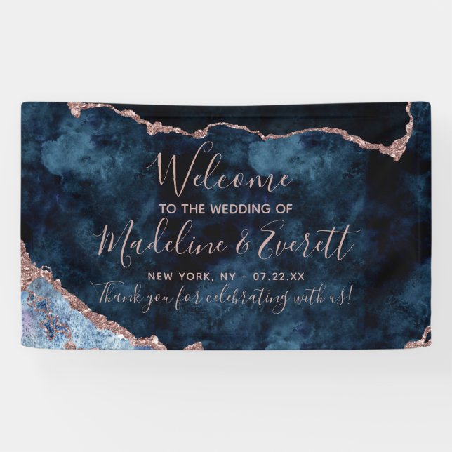 Navy Blue Rose Gold Agate Marble Wedding Welcome Banner (Horizontal)
