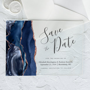 Navy Blue Rose Gold Agate Save the Date Card Acrylic Invitations