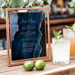 Navy Blue Rose Gold Agate Script Wedding Bar Menu  Poster