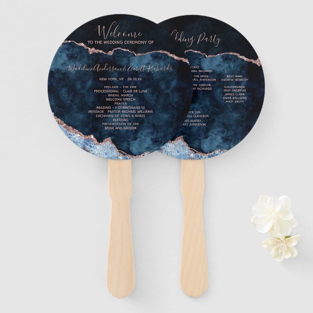 Navy Blue Rose Gold Agate Wedding Ceremony Program Hand Fan (Front and Back)