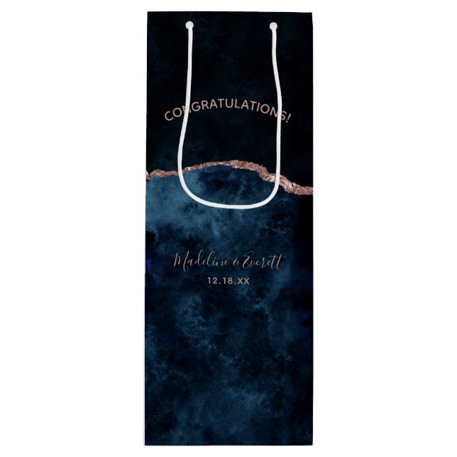 Navy Blue Rose Gold Agate Wedding Congratulations Wine Gift Bag (Front)