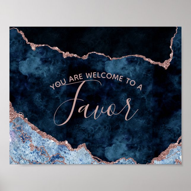 Navy Blue Rose Gold Agate Wedding Favour Table Poster (Front)