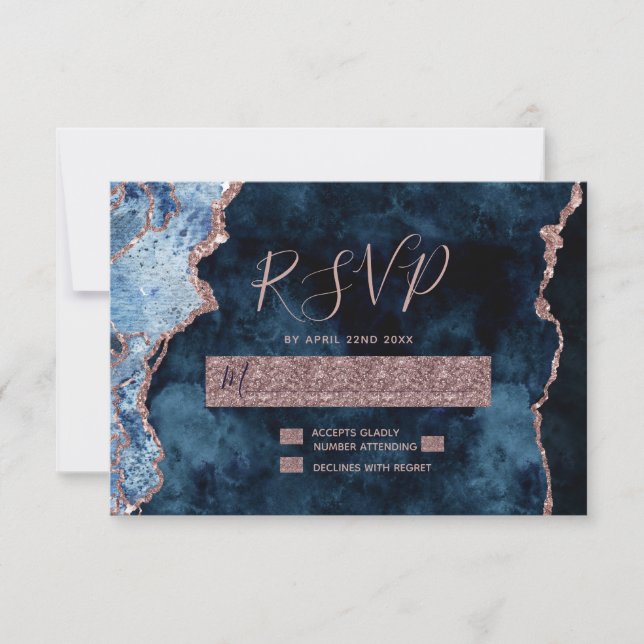Navy Blue Rose Gold Agate Wedding RSVP Response (Front)