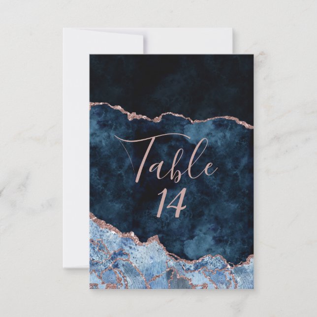 Navy Blue Rose Gold Agate Wedding Table Numbers (Front)