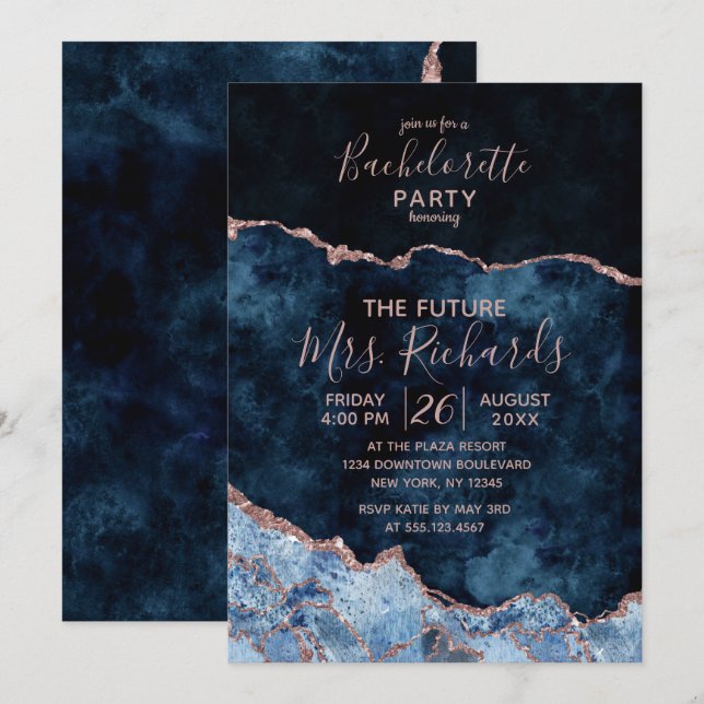 Navy Blue Rose Gold Bachelorette Party Invitation (Front/Back)