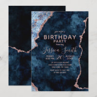 Navy Blue & Rose Gold Birthday Party Invitation